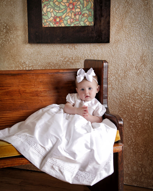 Strasburg Children Silk Special Occasion Gown White Smocked Baby Long Dress Bonnet