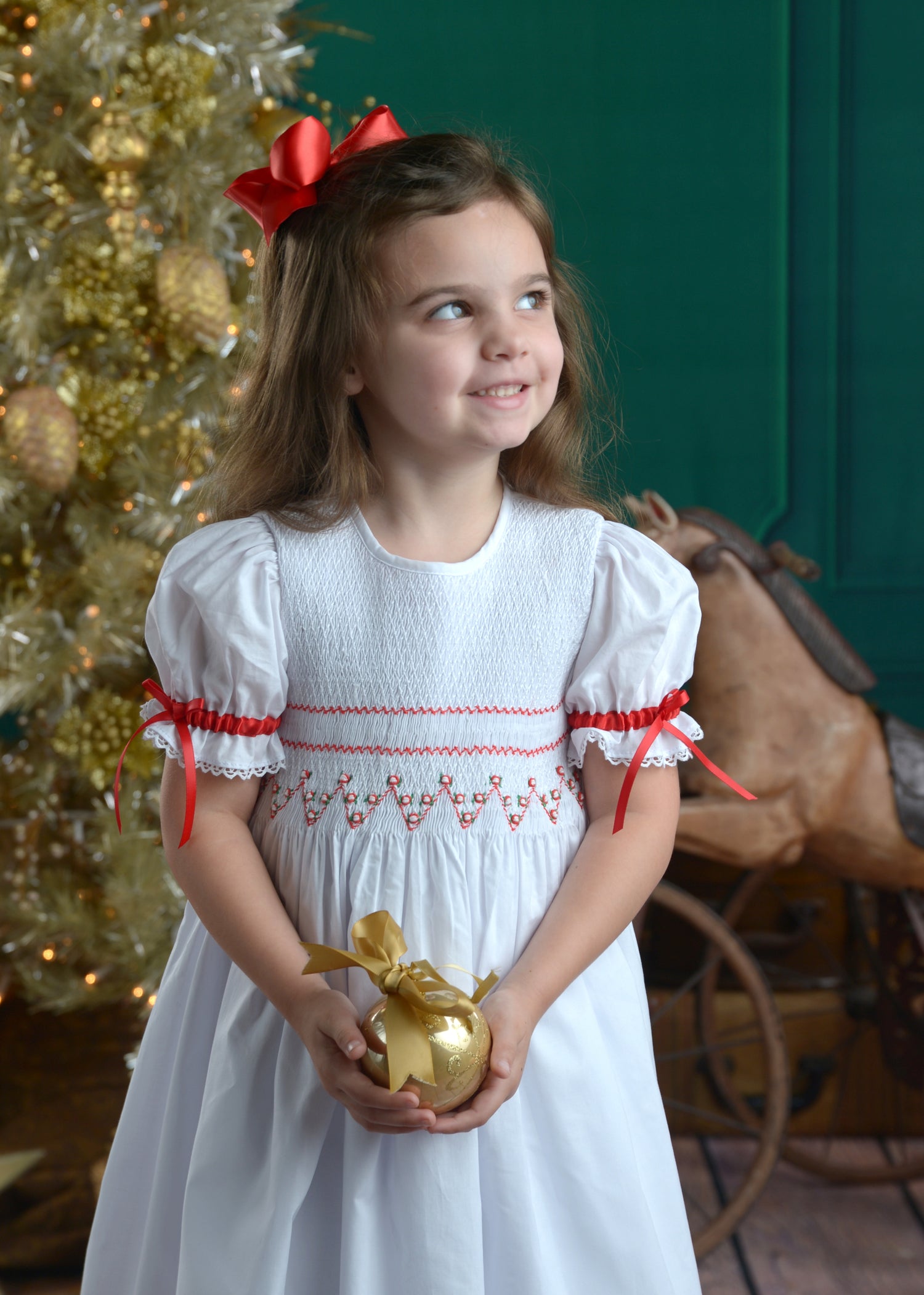 Strasburg Children Christmas Smocked Red Girls Dress, Flower Girl Red White Dress