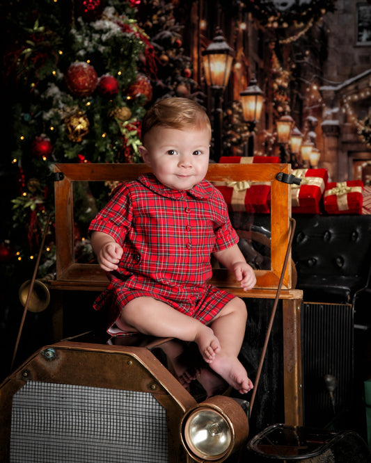 Strasburg Children Boy's Christmas Plaid Romper, Santa Outfit, Christmas Card matching Outfits