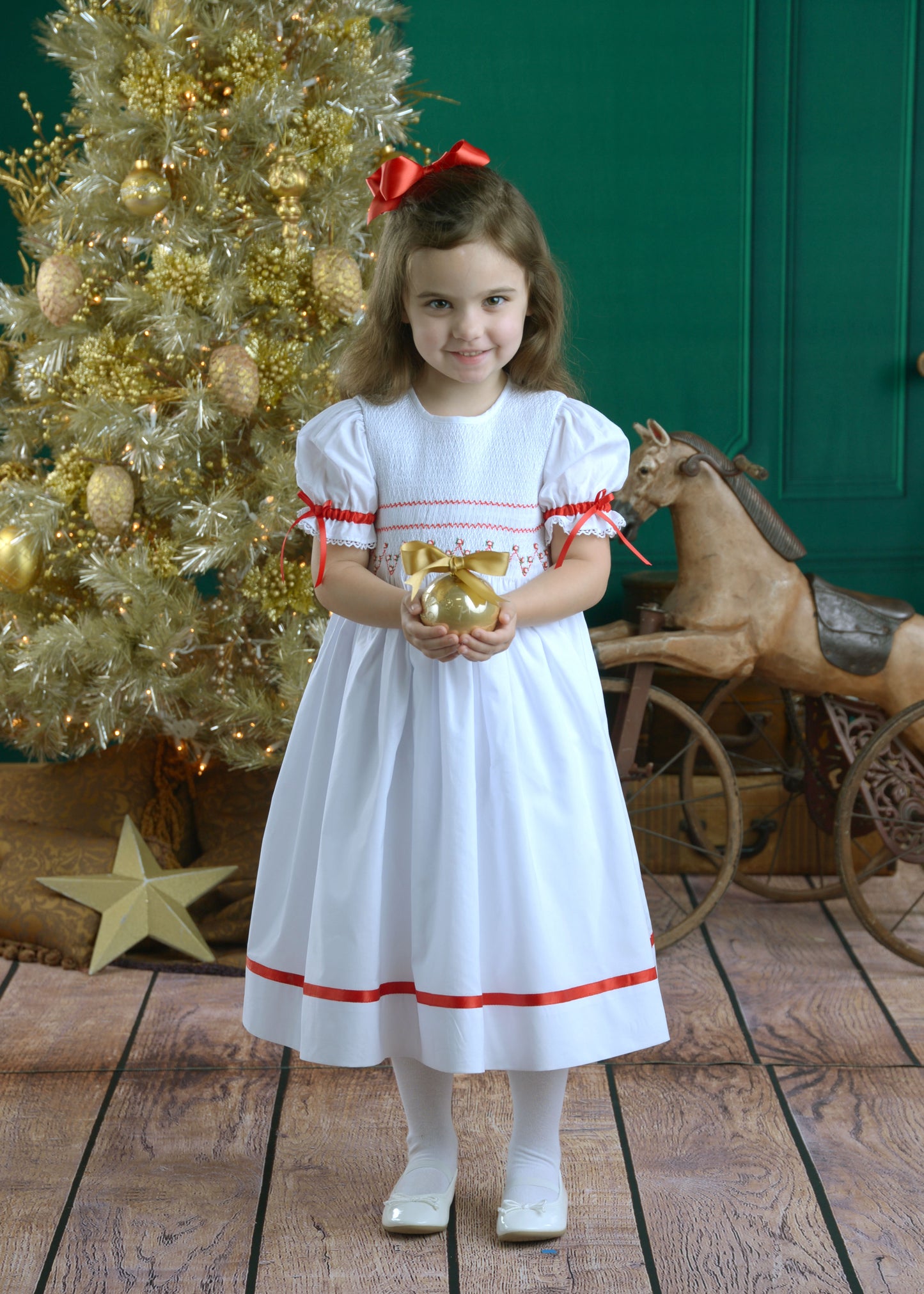 Strasburg Children Christmas Smocked Red Girls Dress, Flower Girl Red White Dress