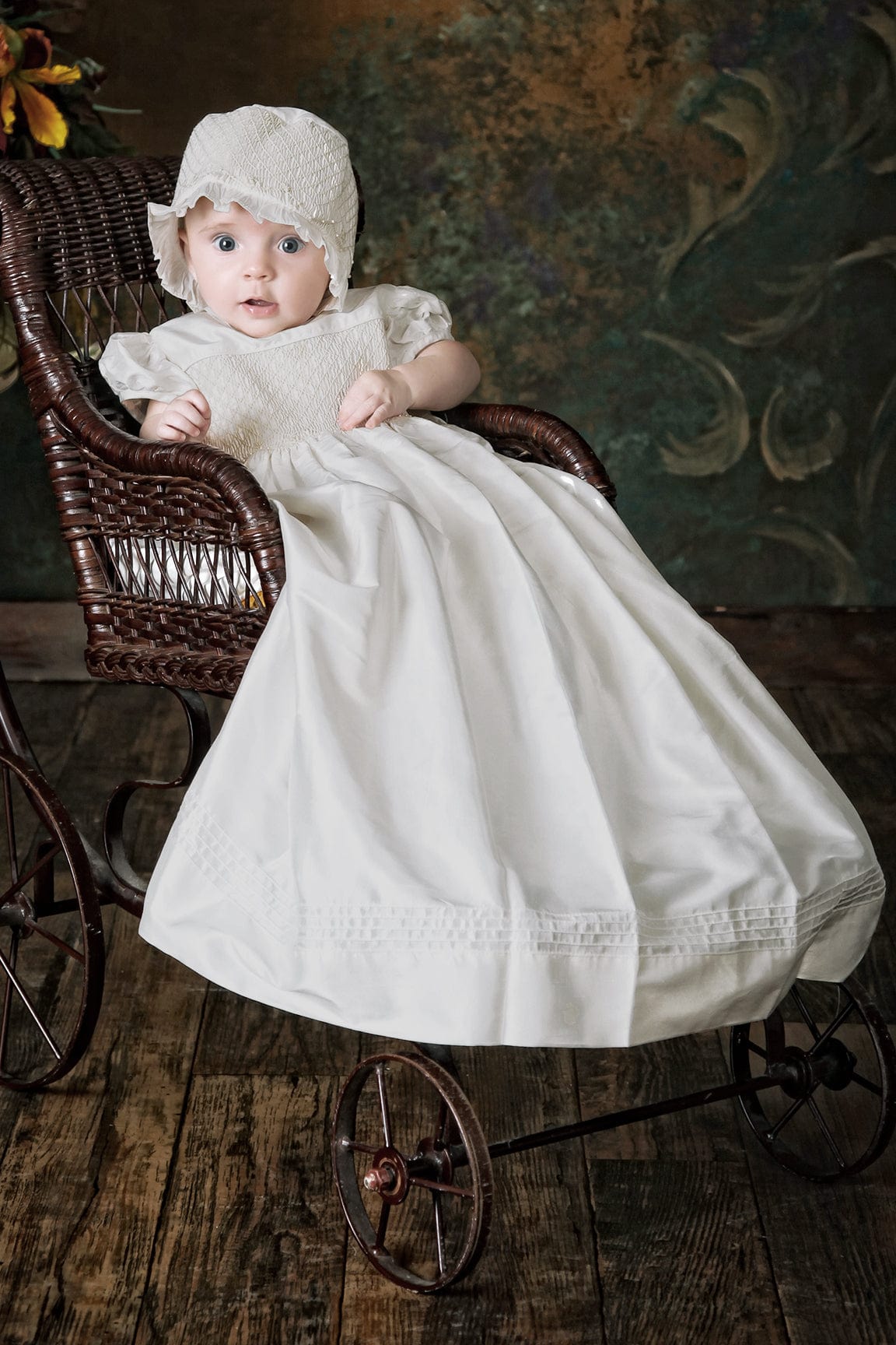 Strasburg Children Silk Special Occasion Gown White Smocked Baby Long Dress Bonnet