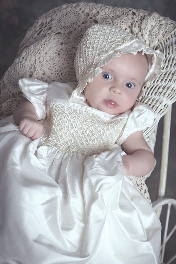 Strasburg Children Silk Special Occasion Gown White Smocked Baby Long Dress Bonnet