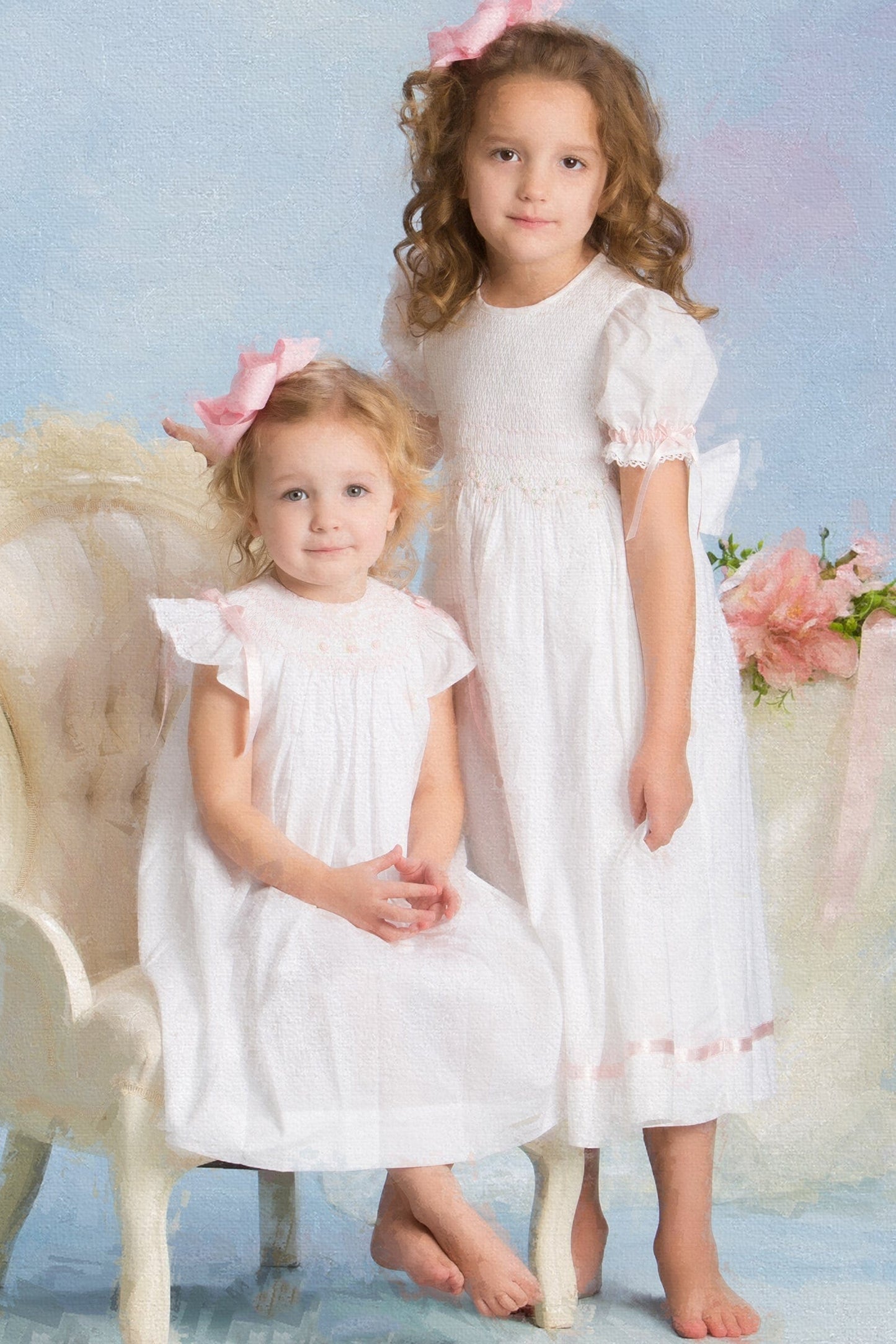 Strasburg Children Little Girls Smocked Dress, Flower Girl Toddler Girls Pink White Portrait