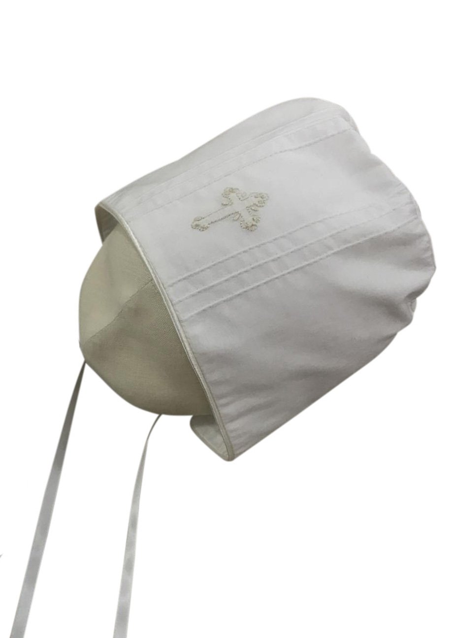 Strasburg Children Christening Bonnet w/ cross white ivory boy girl unisex infant baptism