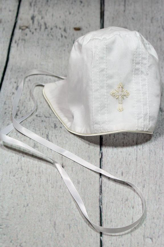 Strasburg Children Christening Bonnet w/ cross white ivory boy girl unisex infant baptism