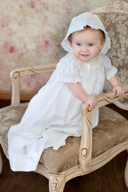 Strasburg Children Smocked white baby Gown with bonnet Special Occasions pearls & smocking Heirloom