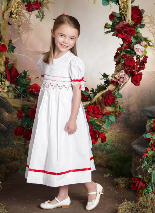 Strasburg Children Christmas Smocked Red Girls Dress, Flower Girl Red White Dress