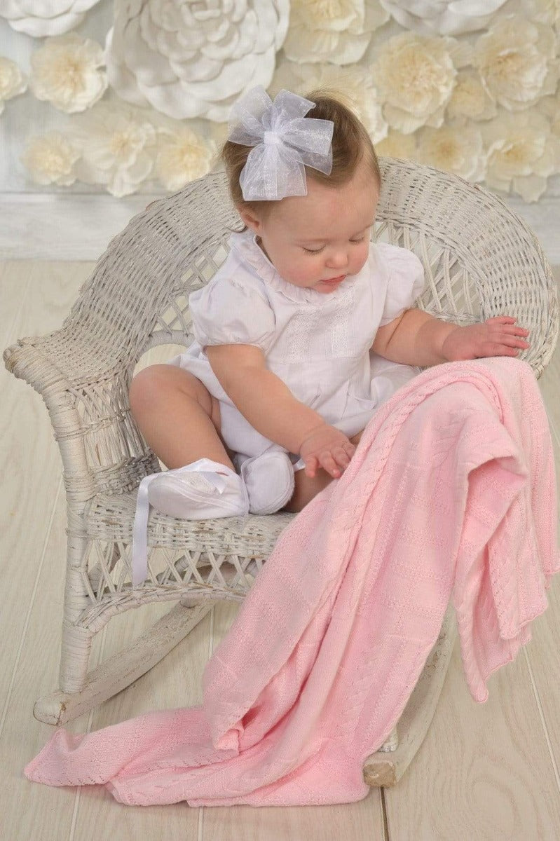 Strasburg Children Best newborn gift, special memory. Knit baby blanket pink blue white infant