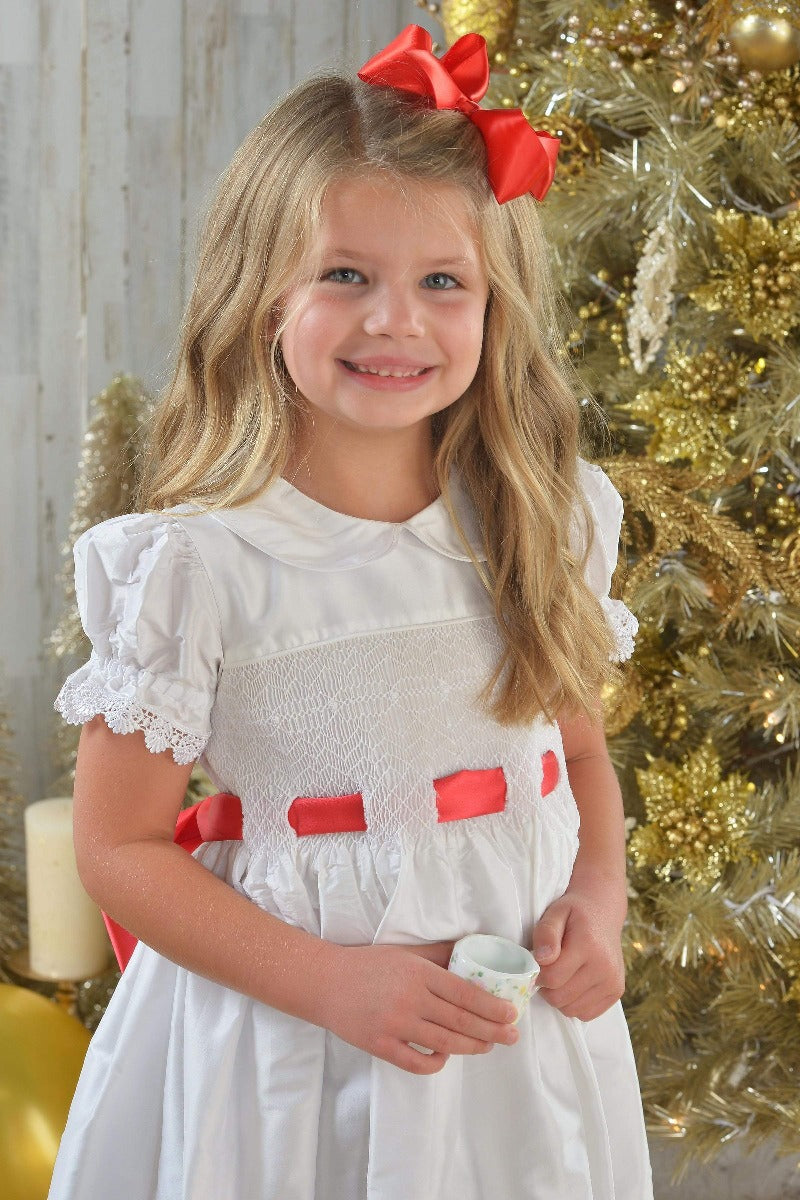 Strasburg Children Formal Christmas Dress silk with red green sash soft white Smocked