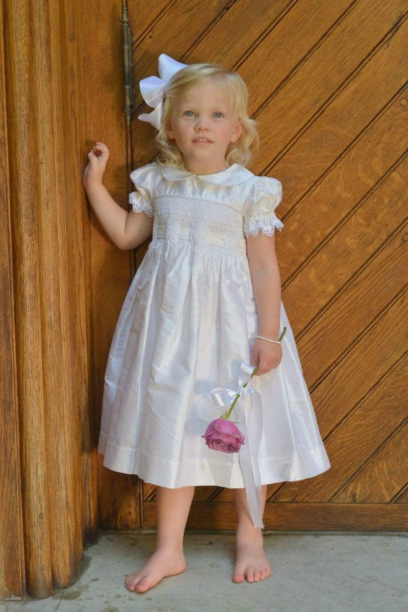 Strasburg Children Formal Christmas Dress silk with red green sash soft white Smocked