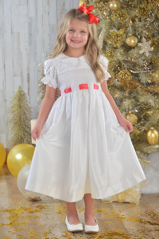 Strasburg Children Formal Christmas Dress silk with red green sash soft white Smocked