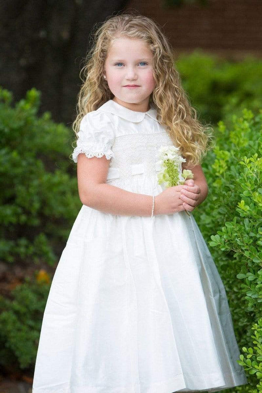 Strasburg Children Silk Flower Girl Dress, White Dresses girls Unique Sash Smocked