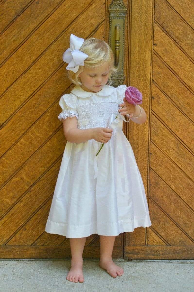 white christmas dresses Silk Flower Girl Dress, White Dresses girls Unique Smocked Communion