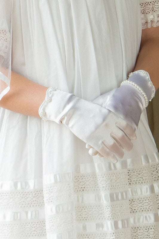 Strasburg Children Satin Gloves with Pearls for First Holy Communion Baptism White Glove