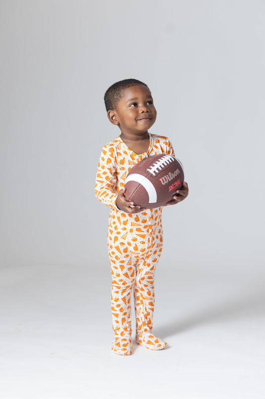 Orange Football Bamboo Baby Pajamas – Zipper Footie