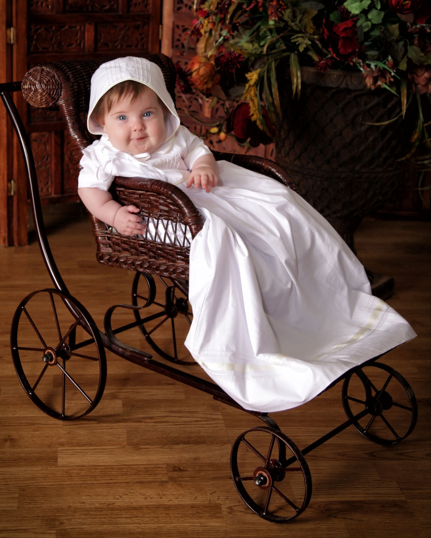 Strasburg Christening Gown, Unisex White Baptism Outfit with Bonnet and Cross Embroidery, 6M