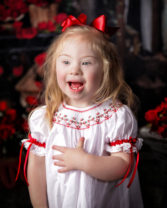 Strasburg Children Christmas smocked dress for toddler, heirloom dress for kids red white