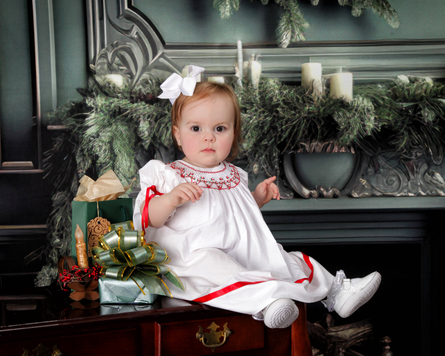 Christmas smocked dress for toddler, heirloom dress for kids red white