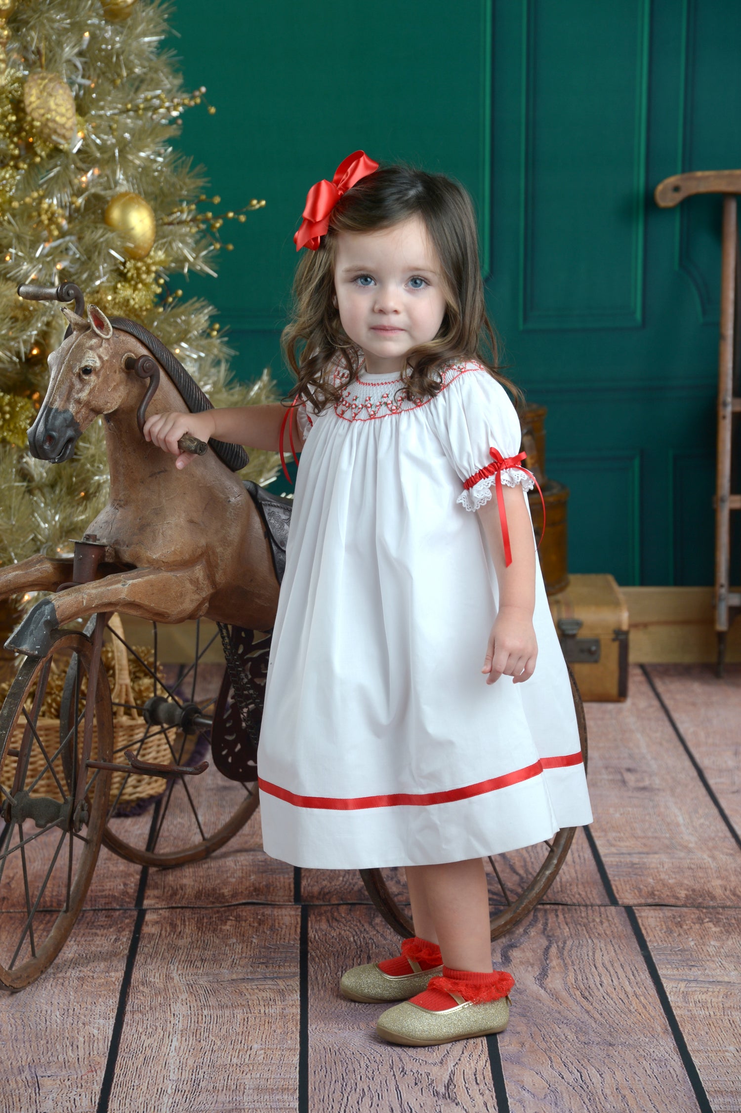 Strasburg Children Franny Bishop Dress, White Red Toddler Christmas Dress 2/White