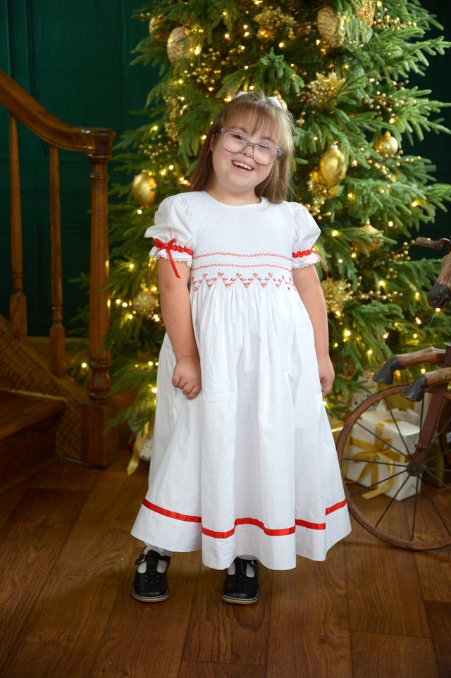 Strasburg Children Christmas Smocked Red Girls Dress, Flower Girl Red White Dress