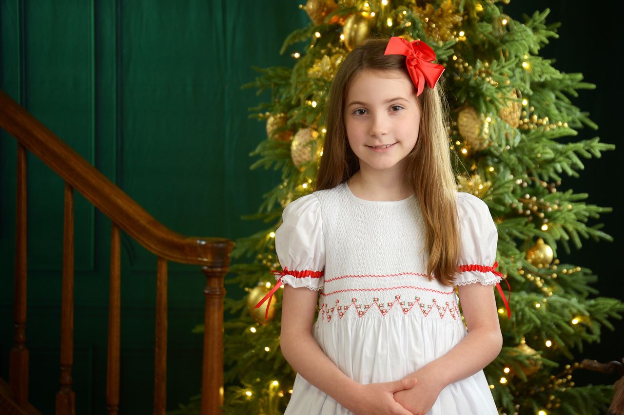 Christmas Smocked Red Girls Dress, Flower Girl Red White Dress