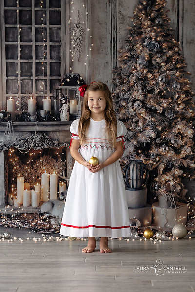 Christmas Smocked Red Girls Dress, Flower Girl Red White Dress