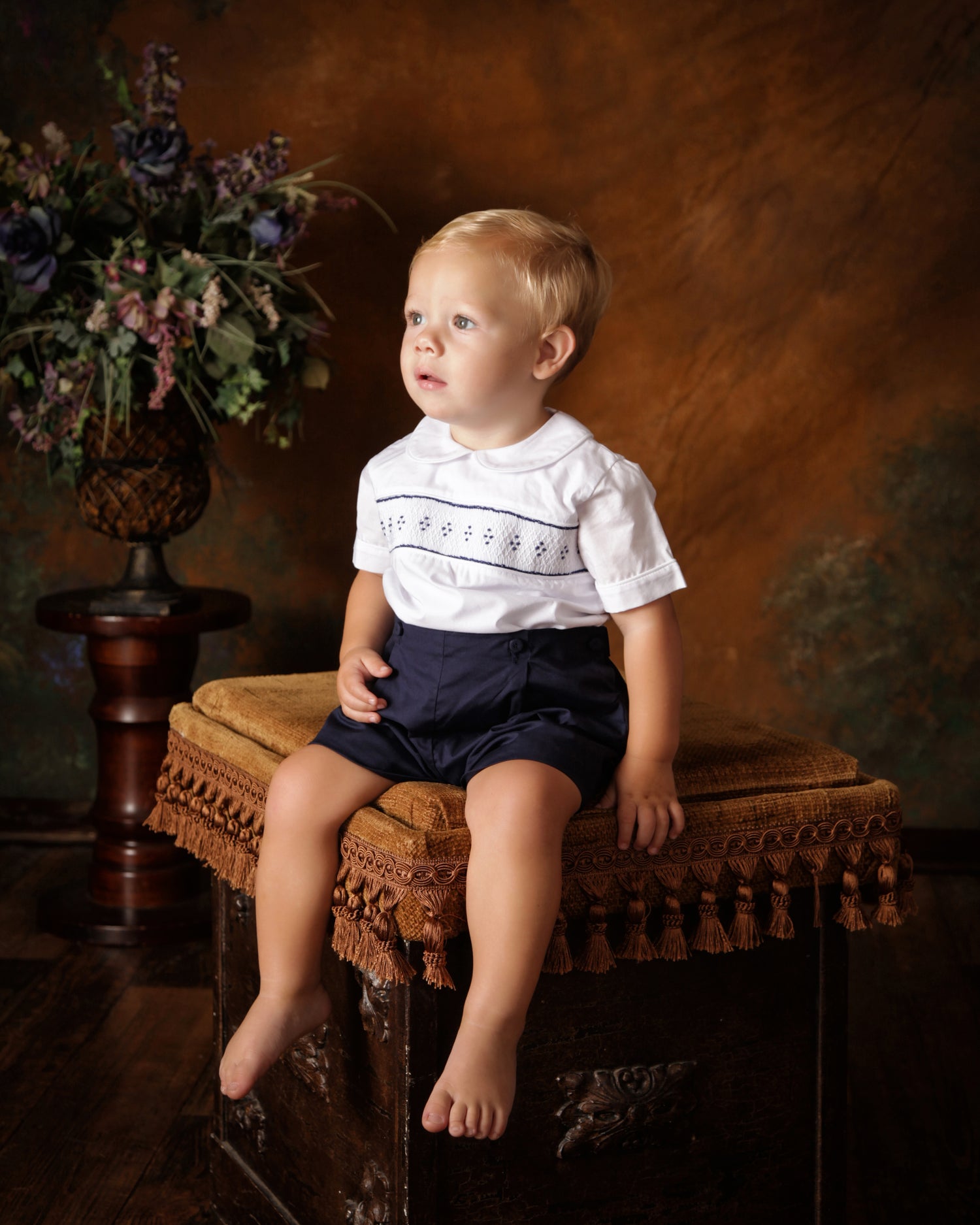 Toddler Boys Heirloom Outfits Navy Button-on white smocking
