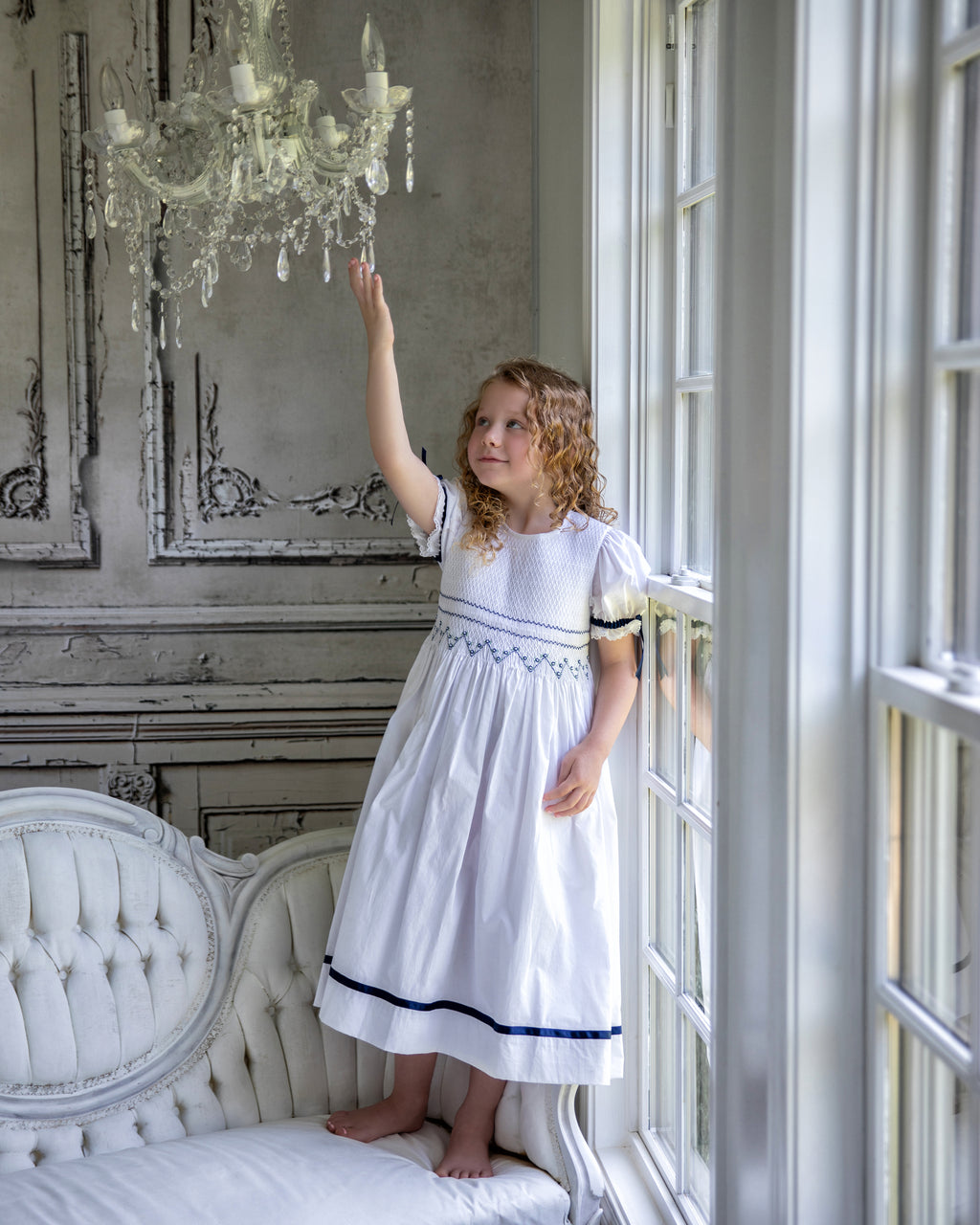 Satin Sash White Flower Girl Dress With Navy Blue Sash Navy Smocked Dress For Girls, Flower Satin Sash White Flower Girl Dress With Navy Blue Sash Navy Smocked Dress For Girls, Flower