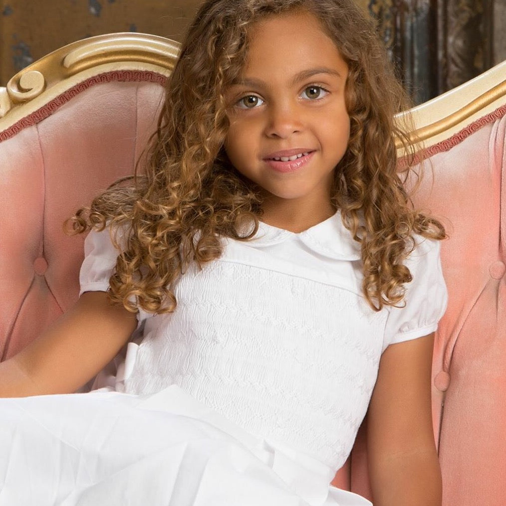 Smocked Flower Girl Dress, White Heirloom Dresses Classic Sleeves Smocked Flower Girl Dress, White Heirloom Dresses Classic Sleeves