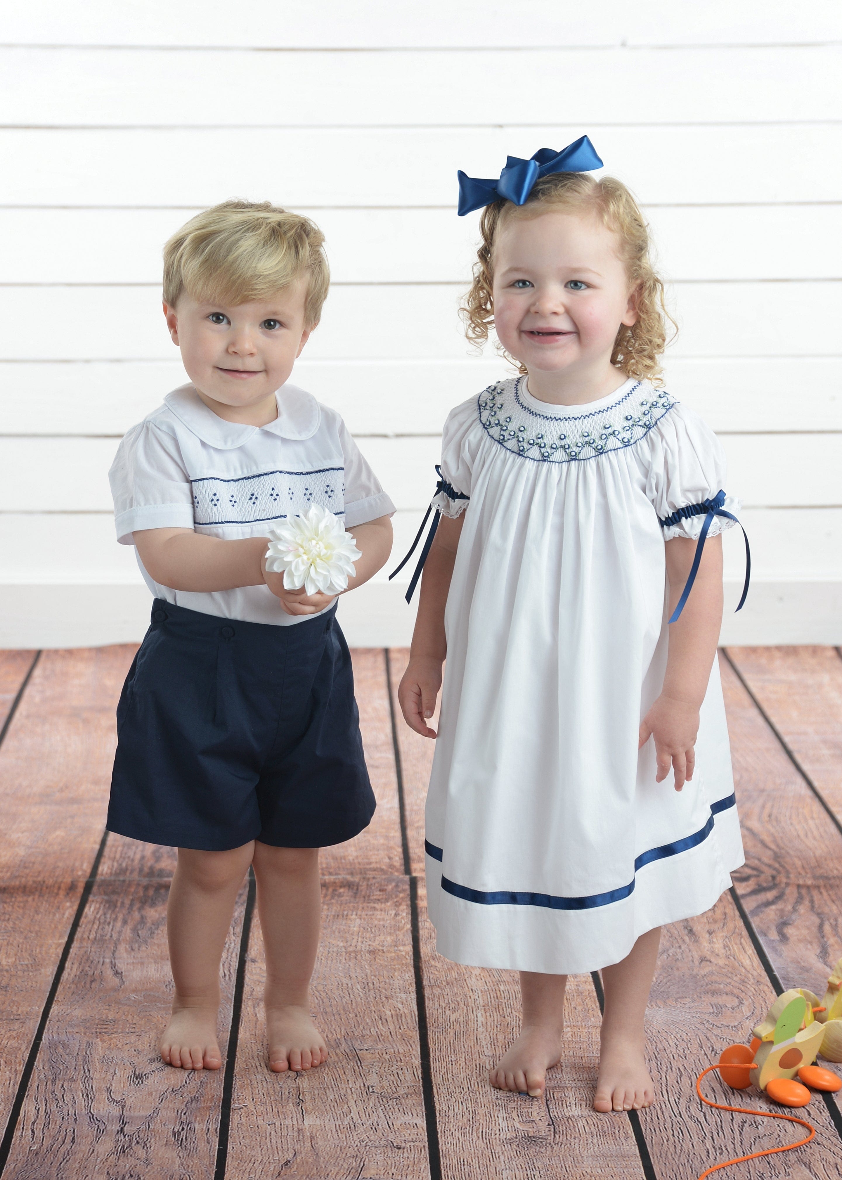 Geometric Blue Smocked Navy Royal and White Plaid Boys Bubble Short Sleeve