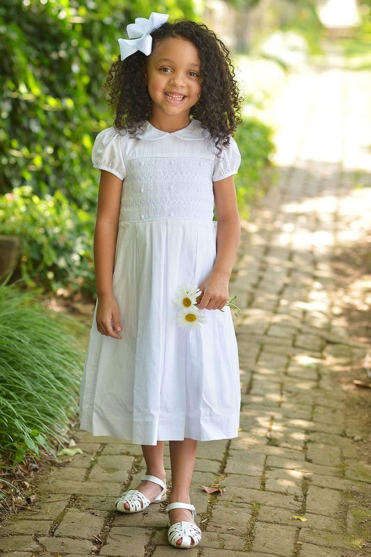 Strasburg Children Smocked Flower Girl Dress, White Heirloom Dresses Classic Sleeves