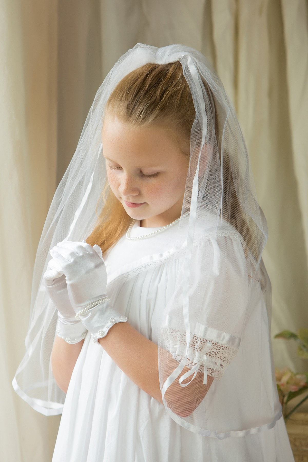 Communion Veil Ribbon Edge Headdress First Holy Communion Outfit Tulle, White