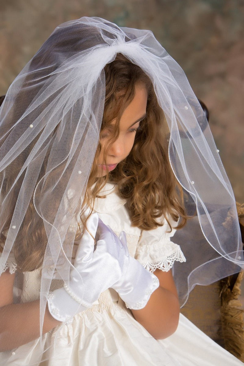 Communion Veil with Pearls Comb First Holy Communion Outfit, with Pearls +$5 / White