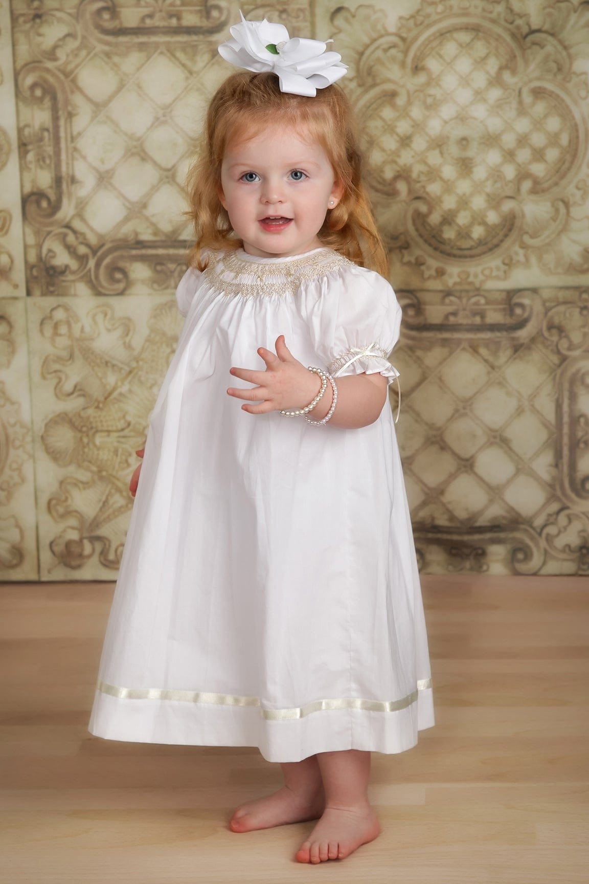 White smocked sales flower girl dress