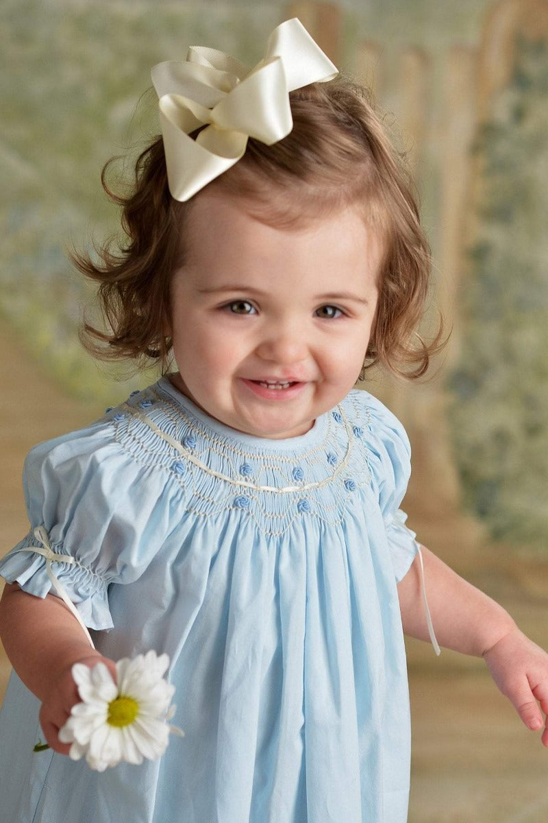 Smocked Bishop Dress Toddler to baby Dresses Blue Heirloom Pink ecru