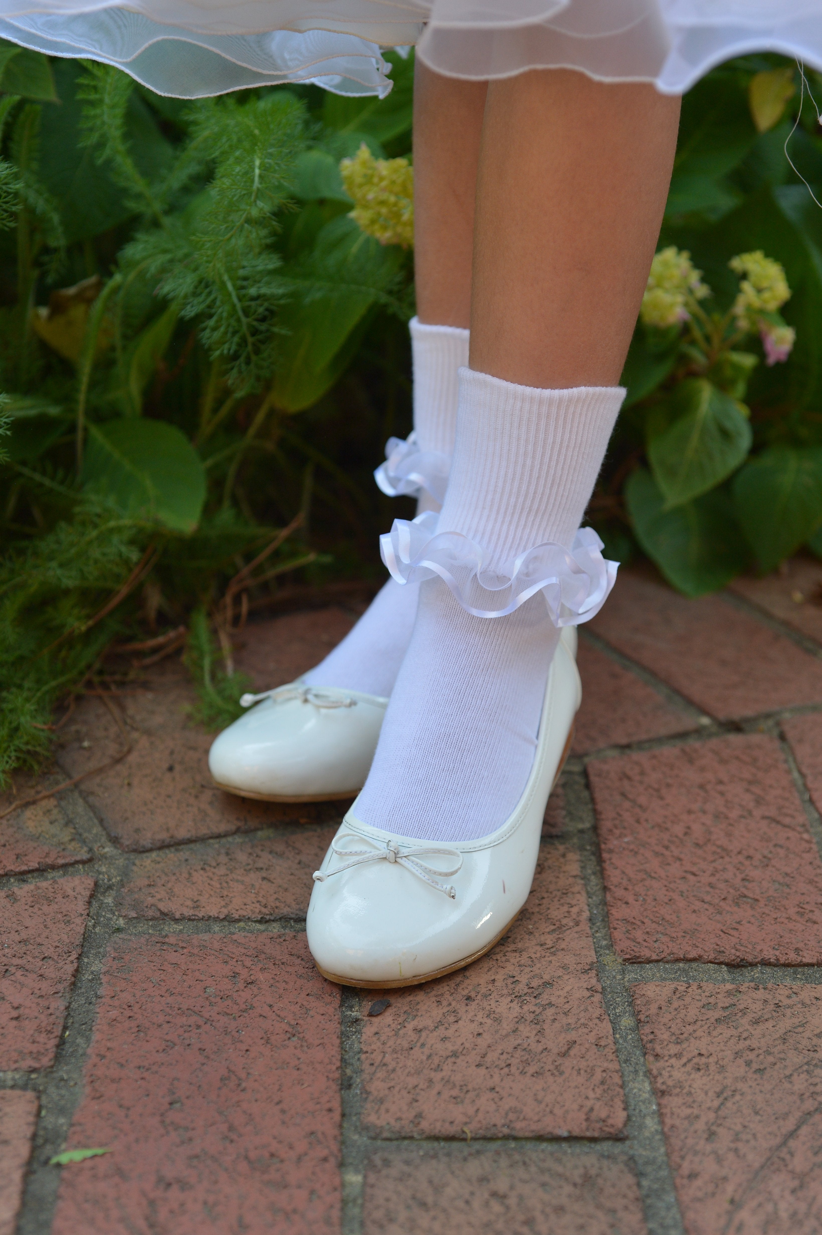 Girls White Lace Dress Socks w/ Satin ribbon trim Baptism Flower