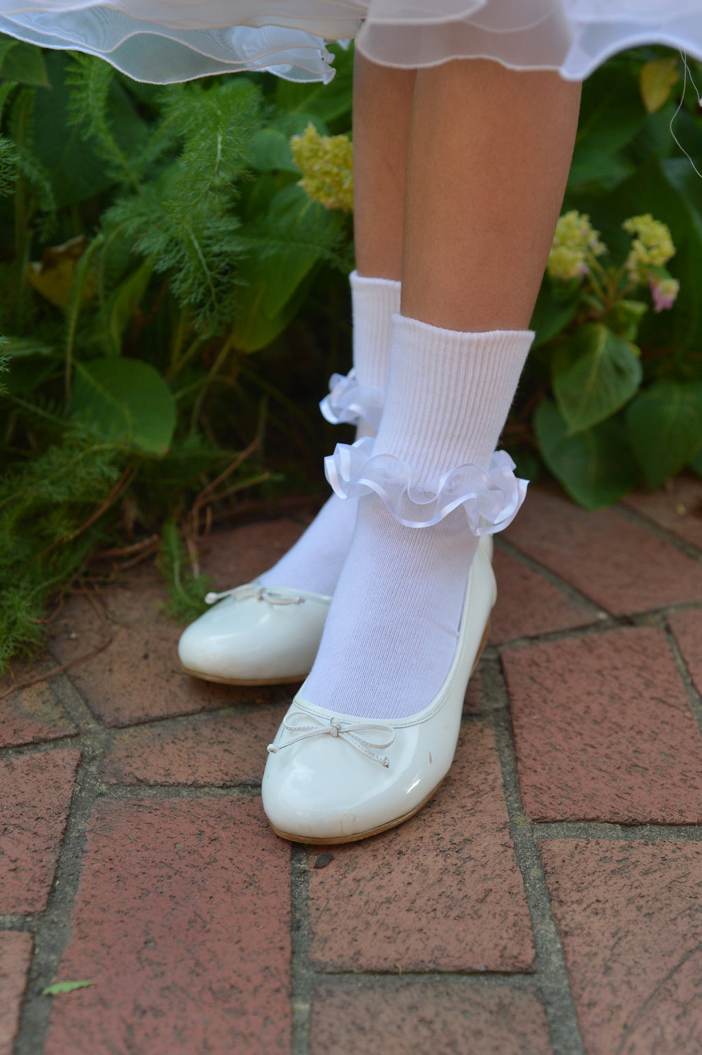 Girls White Lace Dress Socks w/ Satin ribbon trim Baptism Flower Girl